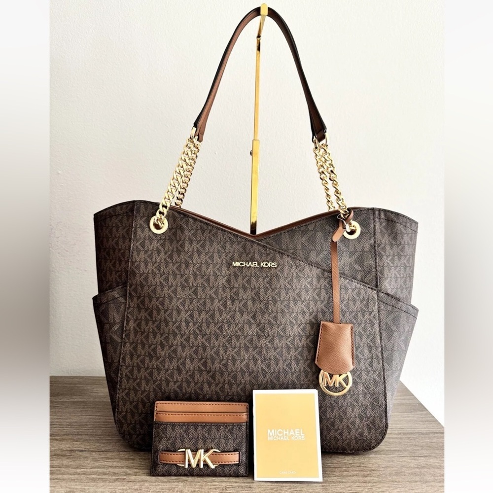 New MICHAEL KORS 2pc Jet Set Large Tote Bag With Card Holder Brown MK - Picture 2 of 5